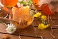 Honey pots with honeycomb on wood table top elevated view