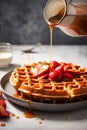Honey pouring on freshmade waffles with strawberries. Belgian waffles. Space for advert