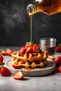 Honey pouring from jar on freshmade waffles with strawberries. Belgian waffles. Good food