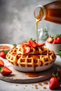 Honey pouring from jar on freshmade waffles with strawberries. Breakfast with Belgian waffles. Generative AI