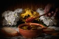 Honey Is Pouring From A Spoon Into A Cup On The Table With Fresh Bread On A Background Of Flowers.