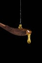 Honey pouring on wooden spoon and dripping from spoon. Dark background. A drop of honey glows in the sun. Royalty Free Stock Photo