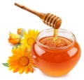 Honey pours with sticks in a jar. Royalty Free Stock Photo