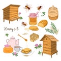 Honey production, beekeeping or apiculture set - honeycomb, man-made beehives, wooden dipper, bees, teapot hand drawn in