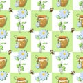Honey products, bees. Vector checkered background. Honey, flowers and bee swarm on seamless pattern.