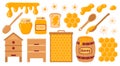 Honey products set. Apiary collection objects. Honey jar, beehive, flowers, honeycomb, wooden dipper, barrel. Vector