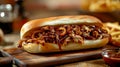 Honey pulled pork sub sandwich with caramelized onions in a roll. Traditional American cuisine Royalty Free Stock Photo