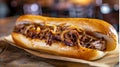 Honey pulled pork sub sandwich with caramelized onions in a roll. Traditional American cuisine Royalty Free Stock Photo