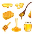 Honey realistic. Yellow beeswax insects healthy liquid products organic food jars beekiping equipment decent vector