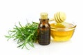 Honey, rosemary and essential oil homeopathy remedy recipe on white background.