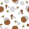 Honey seamless pattern. Beekeeping product. Included bee, honey, dipper, honeycomb.