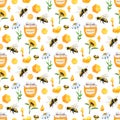 Honey seamless pattern with bees, jar of honey, sunflowers, honeycombs, daisies
