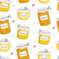 Honey seamless pattern with different jars of honey in cute cartoon style. Vector illustration. Sample with jars of honey and