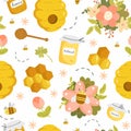 Honey seamless pattern with different objects in a cute cartoon style. Vector illustration. Pattern with bees, honey, honeycomb,