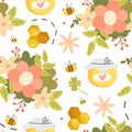 Honey seamless pattern with different objects in a cute cartoon style. Vector illustration. Pattern with bees, honey, honeycomb,