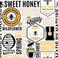 Honey seamless pattern, logo and icons