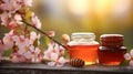 Honey set against cherry blossoms, a sweet fusion of nature's essence in a delightful backdrop