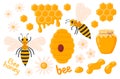 Honey set. Apiary collection objects. Honey jar, bee, beehive, flowers, honey drop. Vector illustration isolated on