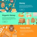 Honey set of banners. Cartoon honeycomb, bee, pod, flowers, pancake, honey jar vector illustration. Brochure, poster