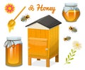 Honey set, bee and hive, spoon and honeycomb, hive and apiary. natural farm product. beekeeping or garden, flower Royalty Free Stock Photo