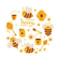 Honey set with bees, daisies, spoons, nectar, arranged in circle for unique postcard design