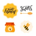 Honey set with calligraphic badge, jar and bee. Vector sweet set