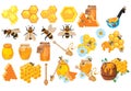 Honey set. Collection of beekeeping. Cartoon apiary set. Illustration of beehive, bees and honeycombs. Vector drawing of Royalty Free Stock Photo