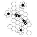 Honey set, honeycomb, bees and simple flowers composition. Vector graphic line illustration. Sweet composition with blooming Royalty Free Stock Photo