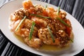 Honey Shrimp are fried with a tempura batter and quickly tossed in a honey sauce and sweetened walnuts close-up. horizontal Royalty Free Stock Photo