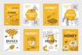 Honey sketch poster. Honeycomb and bees flyer set, organic food design, beehive, jar and flowers layout. Vector hand
