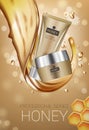 Honey skin care series ads. Vector Illustration with honey smoothing cream tube and container.