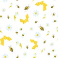 Honey sotes, bees and flowes vector seamless pattern