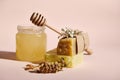 Honey spa concept. Still life. A jar of organic honey and wooden stick, hop cones and bars with natural soap and shampoo Royalty Free Stock Photo