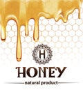 Honey splash dripping sweet drops from bee honeycomb poster