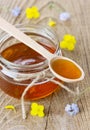 Honey in a spoon and jar decorated forget-me-not flowers