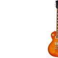 Honey sunburst vintage electric guitar on the right side of white background, with plenty of copy space.