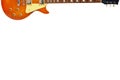 Honey sunburst vintage electric guitar at the top of white background, with plenty of copy space.