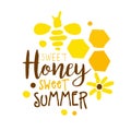 Honey sweet summer logo, colorful hand drawn vector illustration