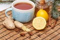 Honey and tea with spices and lemon. Royalty Free Stock Photo