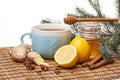 Honey and tea with spices and lemon. Royalty Free Stock Photo