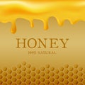 Honey template with yellow hexagonal realistic honeycomb seamless texture and flowing honey on yellow background