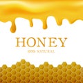 Honey template with yellow hexagonal realistic honeycomb seamless texture and flowing honey on white background