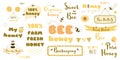 Honey text set bee words phrases Typography quotes yellow honeycomb frames ribbon thought heading.