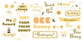 Honey text set bee words phrases Typography quotes yellow honeycomb frames ribbon thought heading