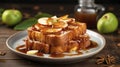 Honey toast with apple and cinnamon on wooden table, closeup Generative AI