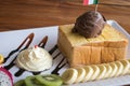 Honey Toast bread topped with ice cream, chocolate Royalty Free Stock Photo