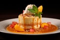Honey toast with ice cream and fruits on a dark background