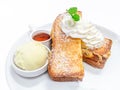 Honey toast, vanilla ice cream with honey and whipped cream Royalty Free Stock Photo