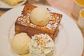 Honey toasts with whip cream,vanilla icecream dessert Royalty Free Stock Photo