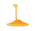 Honey trickle, thin stream pouring into yellow liquid syrup puddle. Maple, caramel sauce falling, flowing, running down